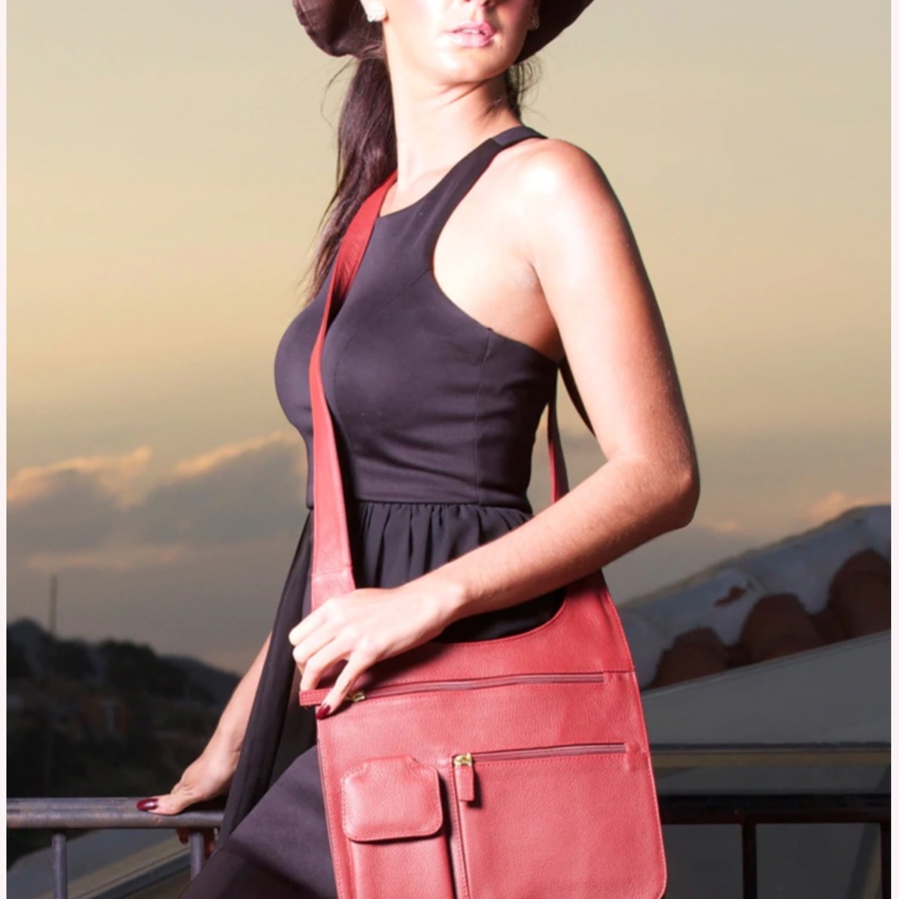 JPOurse Crossbody Traveler Boutique Brand Red Leather Multi Compartment